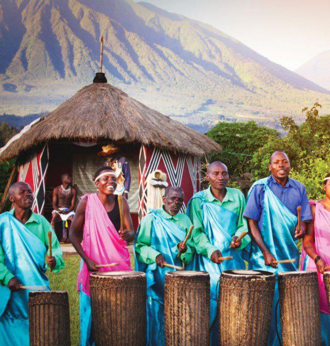 Drummers at a cultural village below the Virunga volcanoes