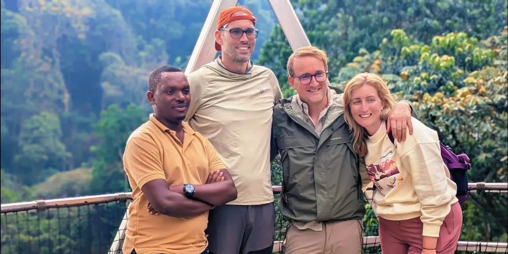 Our guide with guests on the Nyungwe canopy walkway