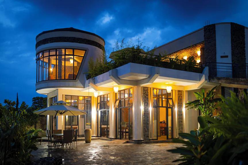 Lodge exterior at night, Nyungwe area